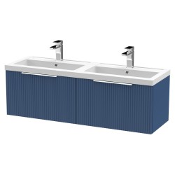 Fluted 1200mm Wall Hung 2 Drawer Vanity & Double Polymarble Basin - Satin Blue