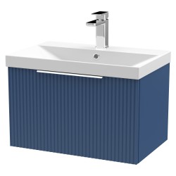 Fluted 600mm Wall Hung Single Drawer Vanity & Thin-Edge Ceramic Basin - Satin Blue