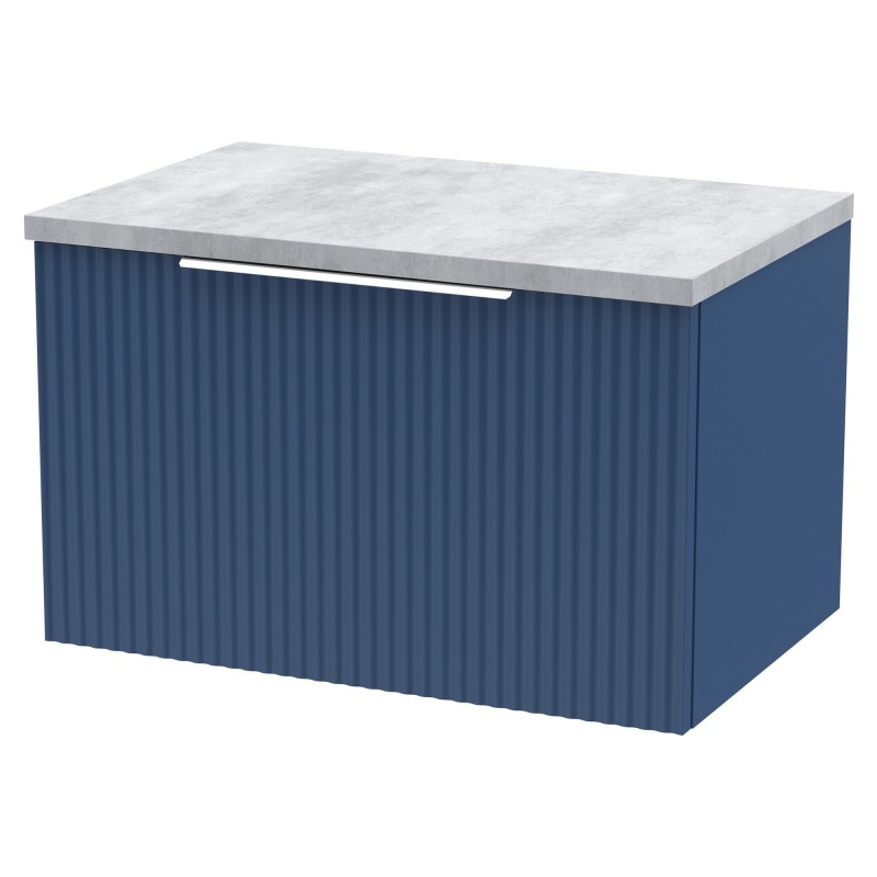 Fluted 600mm Wall Hung Single Drawer Vanity & Bellato Grey Laminate Worktop - Satin Blue Fluted 600mm Wall Hung Single Drawer Vanity & Bellato Grey Laminate Worktop - Satin Blue