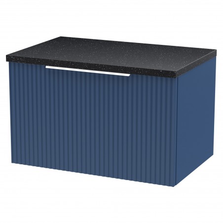 Fluted 600mm Wall Hung Single Drawer Vanity & Black Sparkle Laminate Worktop - Satin Blue