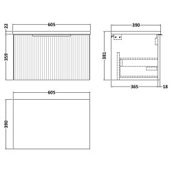 Fluted 600mm Wall Hung Single Drawer Vanity & Black Sparkle Laminate Worktop - Satin Blue - Technical Drawing