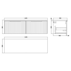 Fluted 1200mm Wall Hung 2 Drawer Vanity With White Sparkle Laminate Worktop - Satin Blue - Technical Drawing