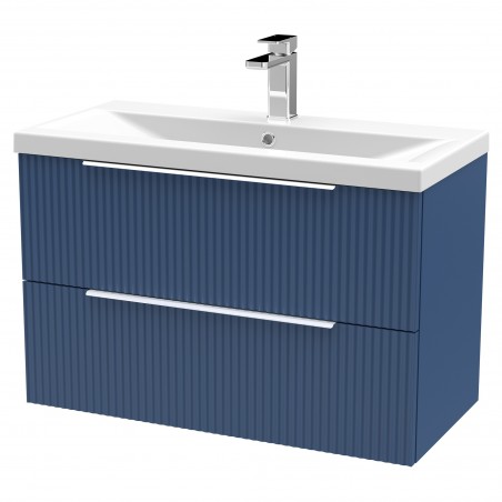 Fluted 800mm Wall Hung 2 Drawer Vanity & Mid-Edge Ceramic Basin - Satin Blue