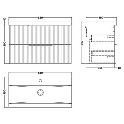 Fluted 800mm Wall Hung 2 Drawer Vanity & Mid-Edge Ceramic Basin - Satin Blue - Technical Drawing