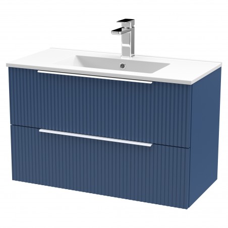 Fluted 800mm Wall Hung 2 Drawer Vanity & Minimalist Ceramic Basin - Satin Blue