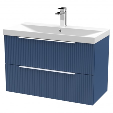 Fluted 800mm Wall Hung 2 Drawer Vanity & Thin-Edge Ceramic Basin - Satin Blue