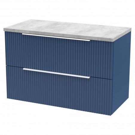 Fluted 800mm Wall Hung 2 Drawer Vanity & Bellato Grey Laminate Worktop - Satin Blue