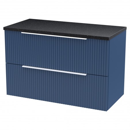 Fluted 800mm Wall Hung 2 Drawer Vanity & Black Sparkle Laminate Worktop - Satin Blue