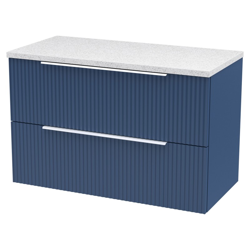 Fluted 800mm Wall Hung 2 Drawer Vanity & White Sparkle Laminate Worktop - Satin Blue Fluted 800mm Wall Hung 2 Drawer Vanity & White Sparkle Laminate Worktop - Satin Blue