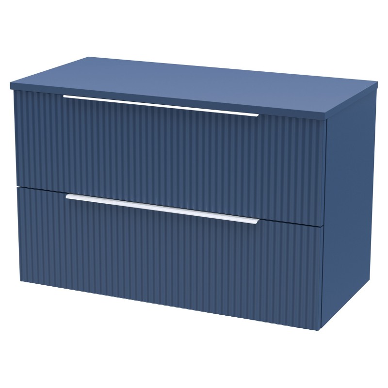 Fluted 800mm Wall Hung 2 Drawer Vanity & Worktop - Satin Blue Fluted 800mm Wall Hung 2 Drawer Vanity & Worktop - Satin Blue
