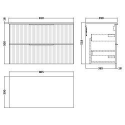 Fluted 800mm Wall Hung 2 Drawer Vanity & Worktop - Satin Blue - Technical Drawing