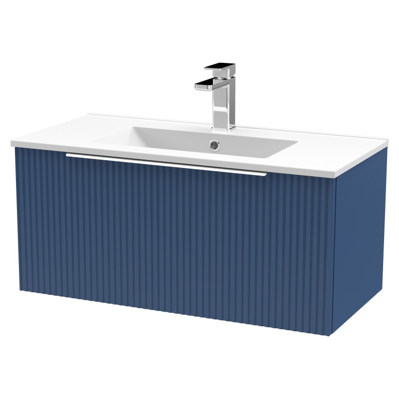 Fluted 800mm Wall Hung Single Drawer Vanity & Minimalist Ceramic Basin - Satin Blue Fluted 800mm Wall Hung Single Drawer Vanity & Minimalist Ceramic Basin - Satin Blue