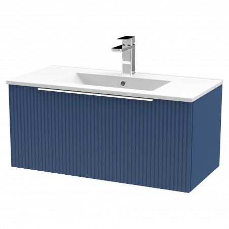 Fluted 800mm Wall Hung Single Drawer Vanity & Minimalist Ceramic Basin - Satin Blue