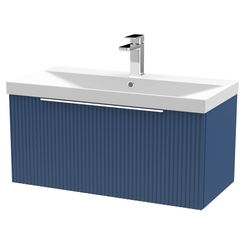 Fluted 800mm Wall Hung Single Drawer Vanity & Thin-Edge Ceramic Basin - Satin Blue Fluted 800mm Wall Hung Single Drawer Vanity & Thin-Edge Ceramic Basin - Satin Blue
