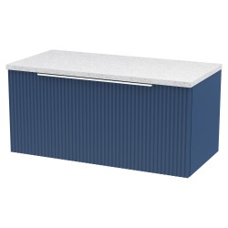 Fluted 800mm Wall Hung Single Drawer Vanity & White Sparkle Laminate Worktop - Satin Blue