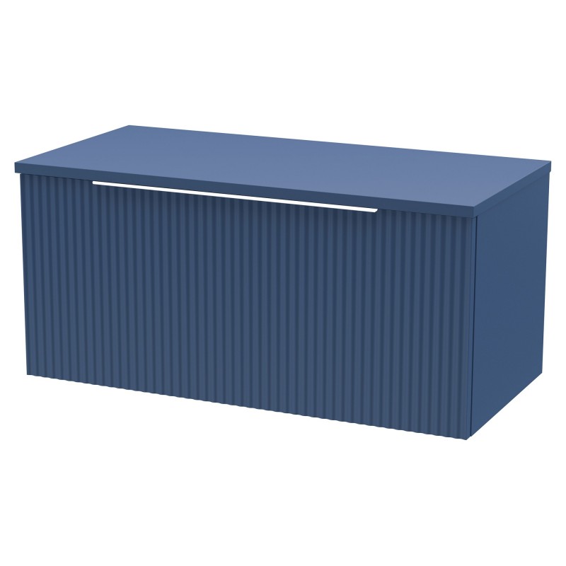 Fluted 800mm Wall Hung Single Drawer Vanity & Worktop - Satin Blue Fluted 800mm Wall Hung Single Drawer Vanity & Worktop - Satin Blue