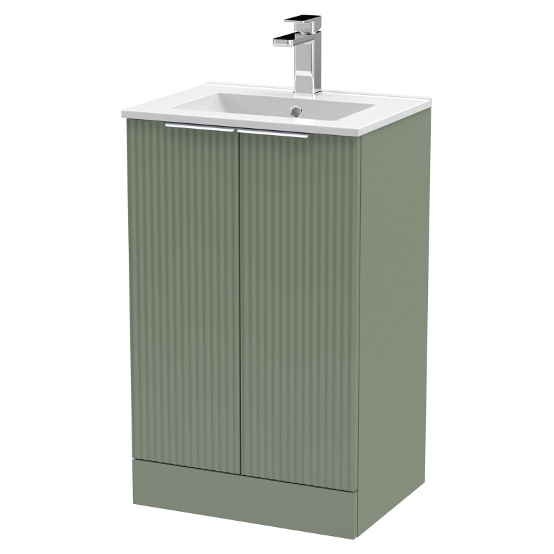 Fluted 500mm Freestanding 2 Door Vanity & Minimalist Ceramic Basin - Satin Green Fluted 500mm Freestanding 2 Door Vanity & Minimalist Ceramic Basin - Satin Green