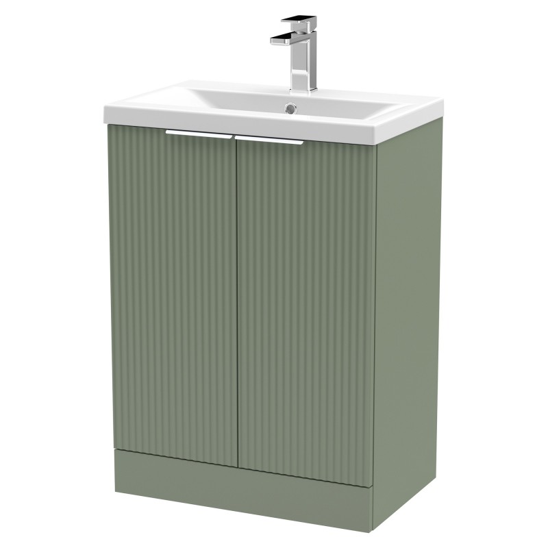 Fluted 600mm Freestanding 2 Door Vanity & Mid-Edge Ceramic Basin - Satin Green Fluted 600mm Freestanding 2 Door Vanity & Mid-Edge Ceramic Basin - Satin Green