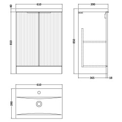 Fluted 600mm Freestanding 2 Door Vanity & Mid-Edge Ceramic Basin - Satin Green - Technical Drawing