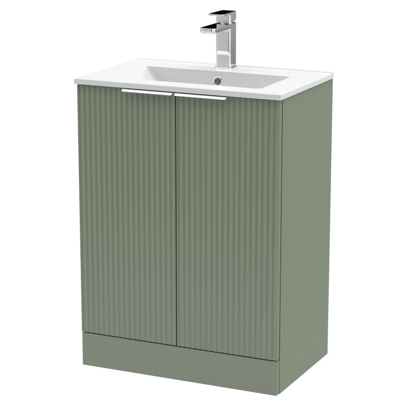 Fluted 600mm Freestanding 2 Door Vanity & Minimalist Ceramic Basin - Satin Green Fluted 600mm Freestanding 2 Door Vanity & Minimalist Ceramic Basin - Satin Green