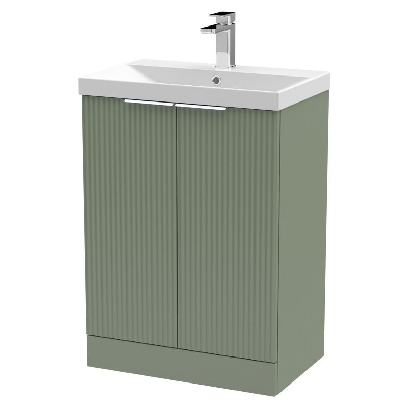 Fluted 600mm Freestanding 2 Door Vanity & Thin-Edge Ceramic Basin - Satin Green Fluted 600mm Freestanding 2 Door Vanity & Thin-Edge Ceramic Basin - Satin Green