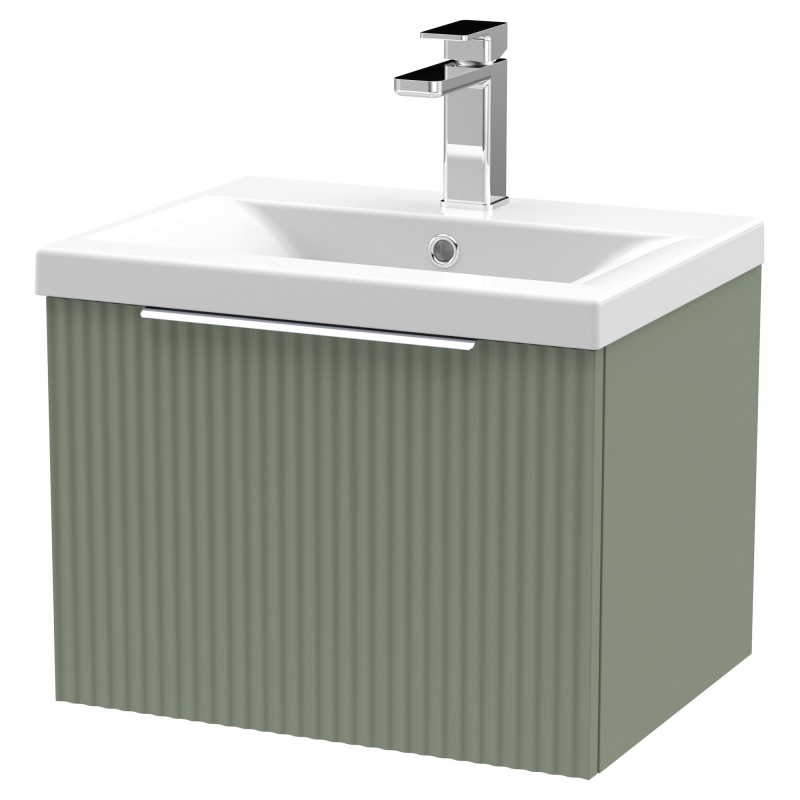 Fluted 500mm Wall Hung Single Drawer Vanity & Mid-Edge Ceramic Basin - Satin Green Fluted 500mm Wall Hung Single Drawer Vanity & Mid-Edge Ceramic Basin - Satin Green