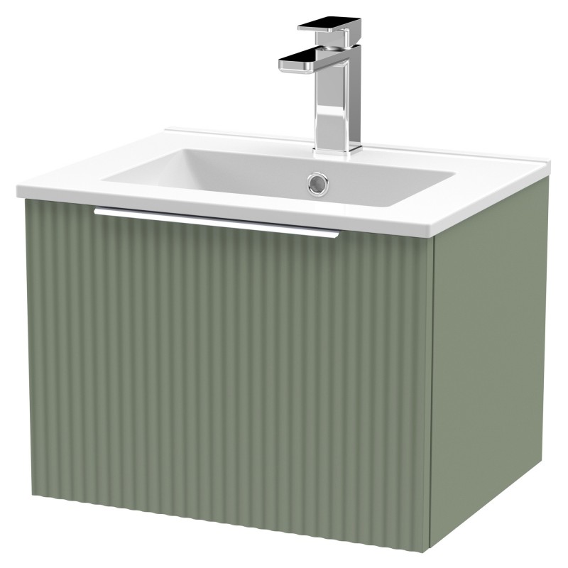 Fluted 500mm Wall Hung Single Drawer Vanity & Minimalist Ceramic Basin - Satin Green Fluted 500mm Wall Hung Single Drawer Vanity & Minimalist Ceramic Basin - Satin Green