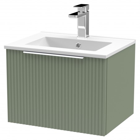 Fluted 500mm Wall Hung Single Drawer Vanity & Minimalist Ceramic Basin - Satin Green