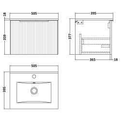 Fluted 500mm Wall Hung Single Drawer Vanity & Minimalist Ceramic Basin - Satin Green - Technical Drawing