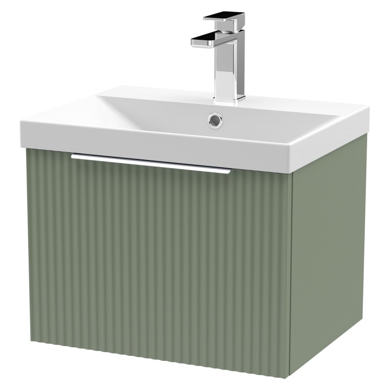 Fluted 500mm Wall Hung Single Drawer Vanity & Thin-Edge Ceramic Basin - Satin Green Fluted 500mm Wall Hung Single Drawer Vanity & Thin-Edge Ceramic Basin - Satin Green