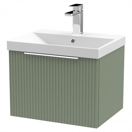 Fluted 500mm Wall Hung Single Drawer Vanity & Thin-Edge Ceramic Basin - Satin Green