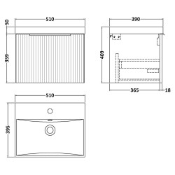 Fluted 500mm Wall Hung Single Drawer Vanity & Thin-Edge Ceramic Basin - Satin Green - Technical Drawing