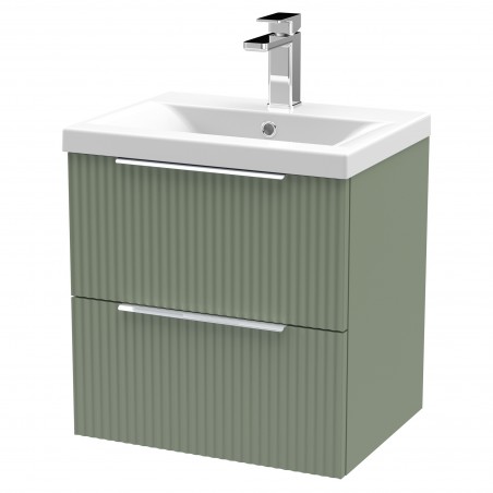 Fluted 500mm Wall Hung 2 Drawer Vanity & Mid-Edge Ceramic Basin - Satin Green