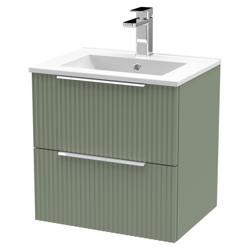 Fluted 500mm Wall Hung 2 Drawer Vanity & Minimalist Ceramic Basin - Satin Green Fluted 500mm Wall Hung 2 Drawer Vanity & Minimalist Ceramic Basin - Satin Green