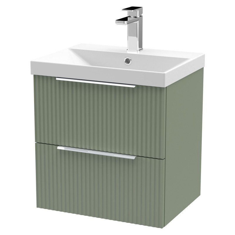 Fluted 500mm Wall Hung 2 Drawer Vanity & Thin-Edge Ceramic Basin - Satin Green Fluted 500mm Wall Hung 2 Drawer Vanity & Thin-Edge Ceramic Basin - Satin Green