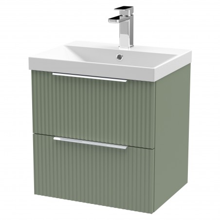 Fluted 500mm Wall Hung 2 Drawer Vanity & Thin-Edge Ceramic Basin - Satin Green