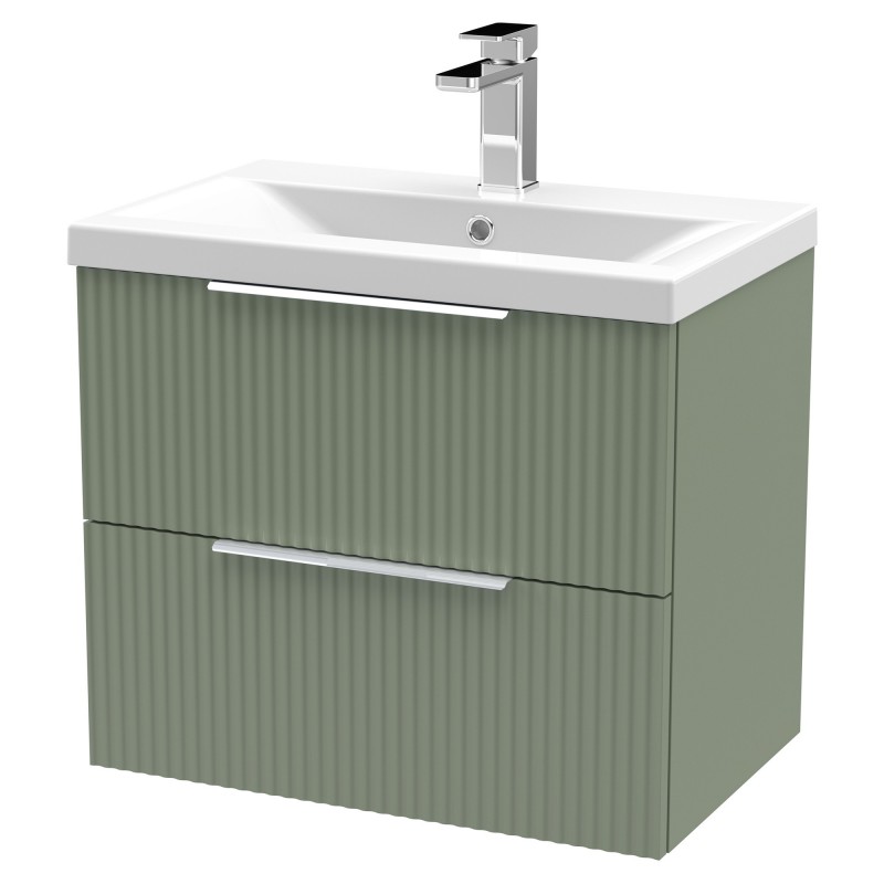 Fluted 600mm Wall Hung 2 Drawer Vanity & Mid-Edge Ceramic Basin - Satin Green Fluted 600mm Wall Hung 2 Drawer Vanity & Mid-Edge Ceramic Basin - Satin Green