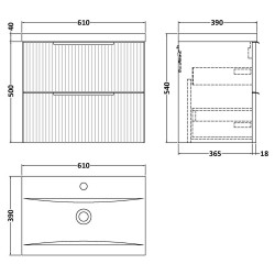 Fluted 600mm Wall Hung 2 Drawer Vanity & Mid-Edge Ceramic Basin - Satin Green - Technical Drawing