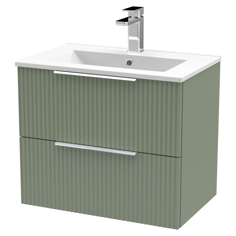 Fluted 600mm Wall Hung 2 Drawer Vanity & Minimalist Ceramic Basin - Satin Green Fluted 600mm Wall Hung 2 Drawer Vanity & Minimalist Ceramic Basin - Satin Green