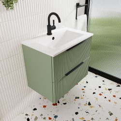 Fluted 600mm Wall Hung 2 Drawer Vanity & Minimalist Ceramic Basin - Satin Green - Insitu