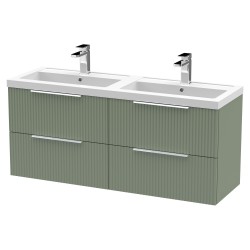 Fluted 1200mm Wall Hung 4 Drawer Vanity & Double Polymarble Basin - Satin Green