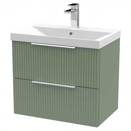 Fluted 600mm Wall Hung 2 Drawer Vanity & Thin-Edge Ceramic Basin - Satin Green