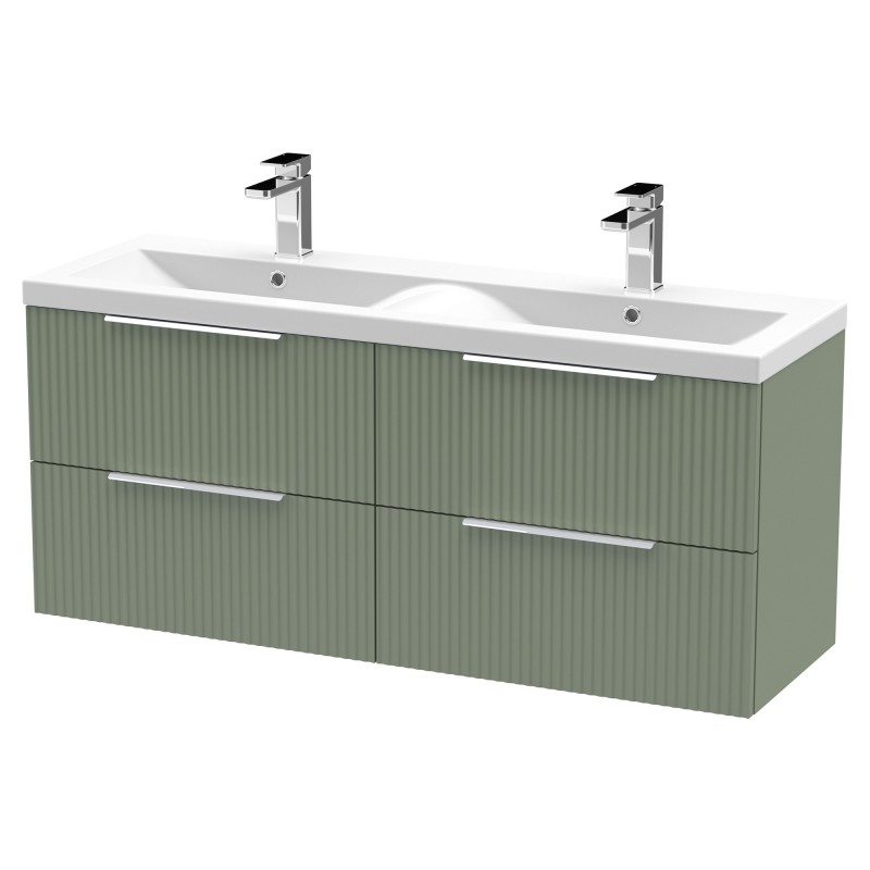 Fluted 1200mm Wall Hung 4 Drawer Vanity & Double Ceramic Basin - Satin Green Fluted 1200mm Wall Hung 4 Drawer Vanity & Double Ceramic Basin - Satin Green