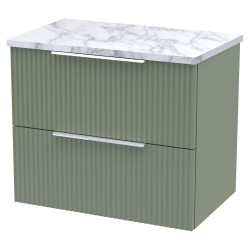 Fluted 600mm Wall Hung 2 Drawer Vanity With Carrera Marble Laminate Worktop - Satin Green