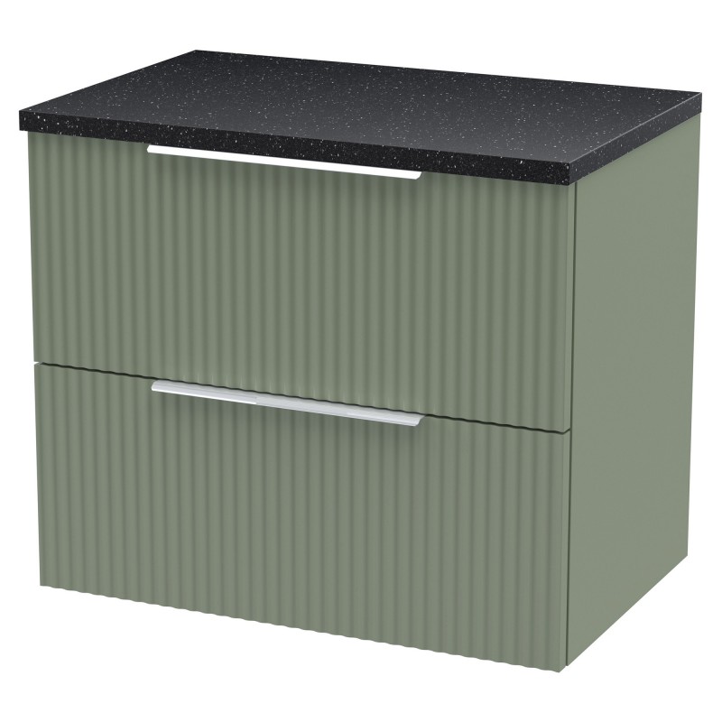 Fluted 600mm Wall Hung 2 Drawer Vanity & Black Sparkle Laminate Worktop - Satin Green Fluted 600mm Wall Hung 2 Drawer Vanity & Black Sparkle Laminate Worktop - Satin Green