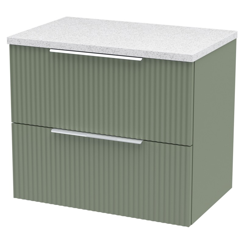 Fluted 600mm Wall Hung 2 Drawer Vanity & White Sparkle Laminate Worktop - Satin Green Fluted 600mm Wall Hung 2 Drawer Vanity & White Sparkle Laminate Worktop - Satin Green