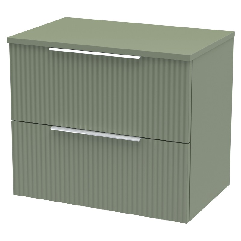 Fluted 600mm Wall Hung 2 Drawer Vanity & Worktop - Satin Green Fluted 600mm Wall Hung 2 Drawer Vanity & Worktop - Satin Green
