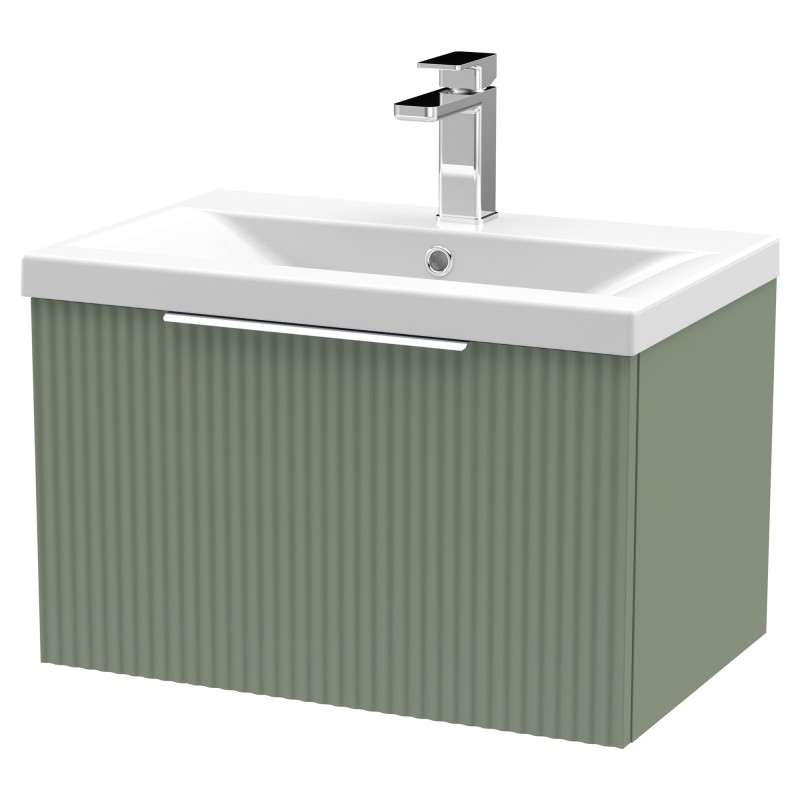 Fluted 600mm Wall Hung Single Drawer Vanity & Mid-Edge Ceramic Basin - Satin Green Fluted 600mm Wall Hung Single Drawer Vanity & Mid-Edge Ceramic Basin - Satin Green