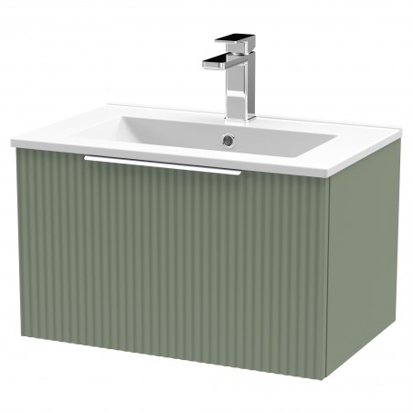 Fluted 600mm Wall Hung Single Drawer Vanity & Minimalist Ceramic Basin - Satin Green