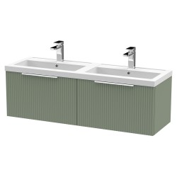 Fluted 1200mm Wall Hung 2 Drawer Vanity & Double Polymarble Basin - Satin Green